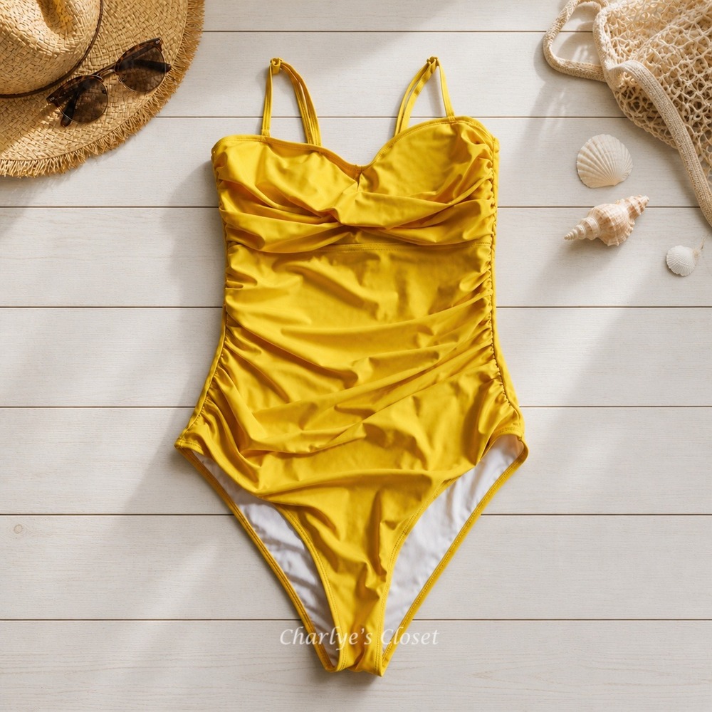 One Piece Swimsuit Butter Yellow L Ruched Twist Front Brief‎ Bottom Euro Summer